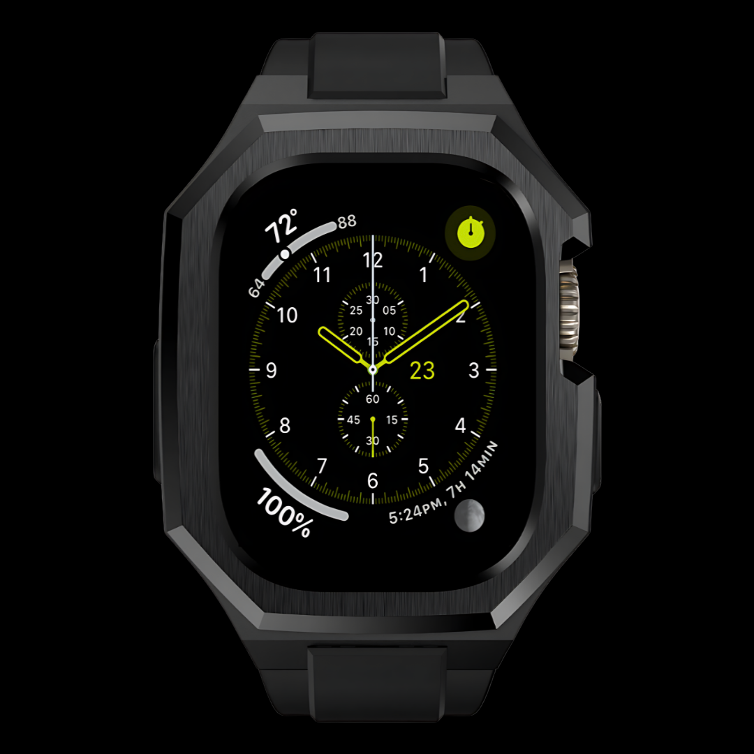 Black smartwatch with digital display on a black background