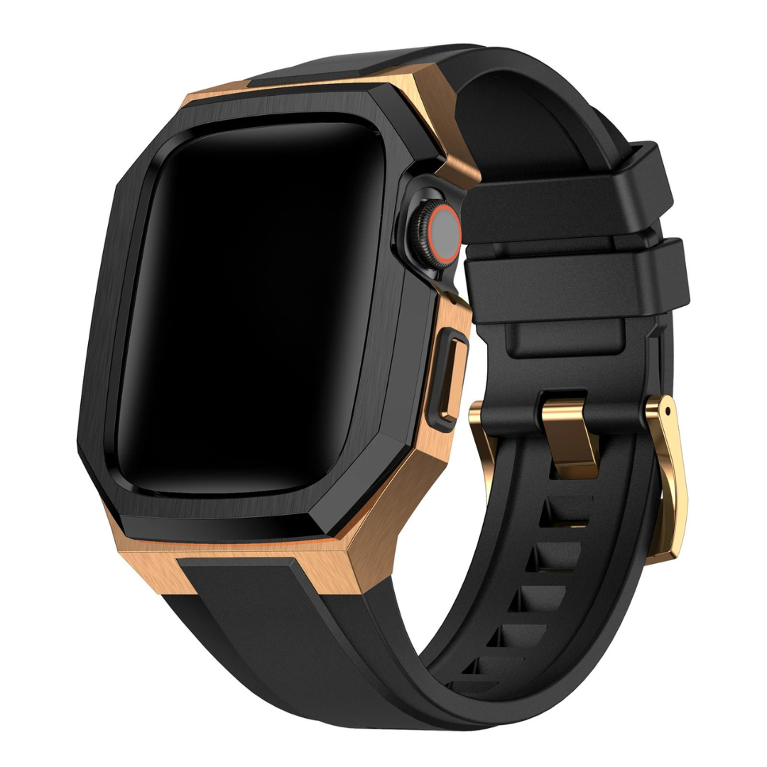 Black and bronze Apple watch protective band on a white background