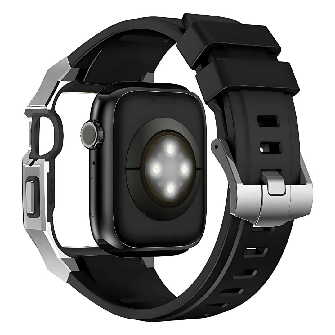 Black smartwatch with metal case and band on a white background