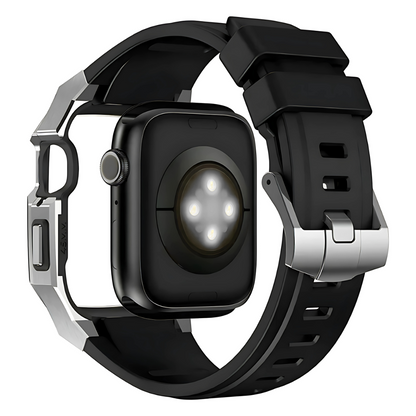 Black smartwatch with metal case and band on a white background