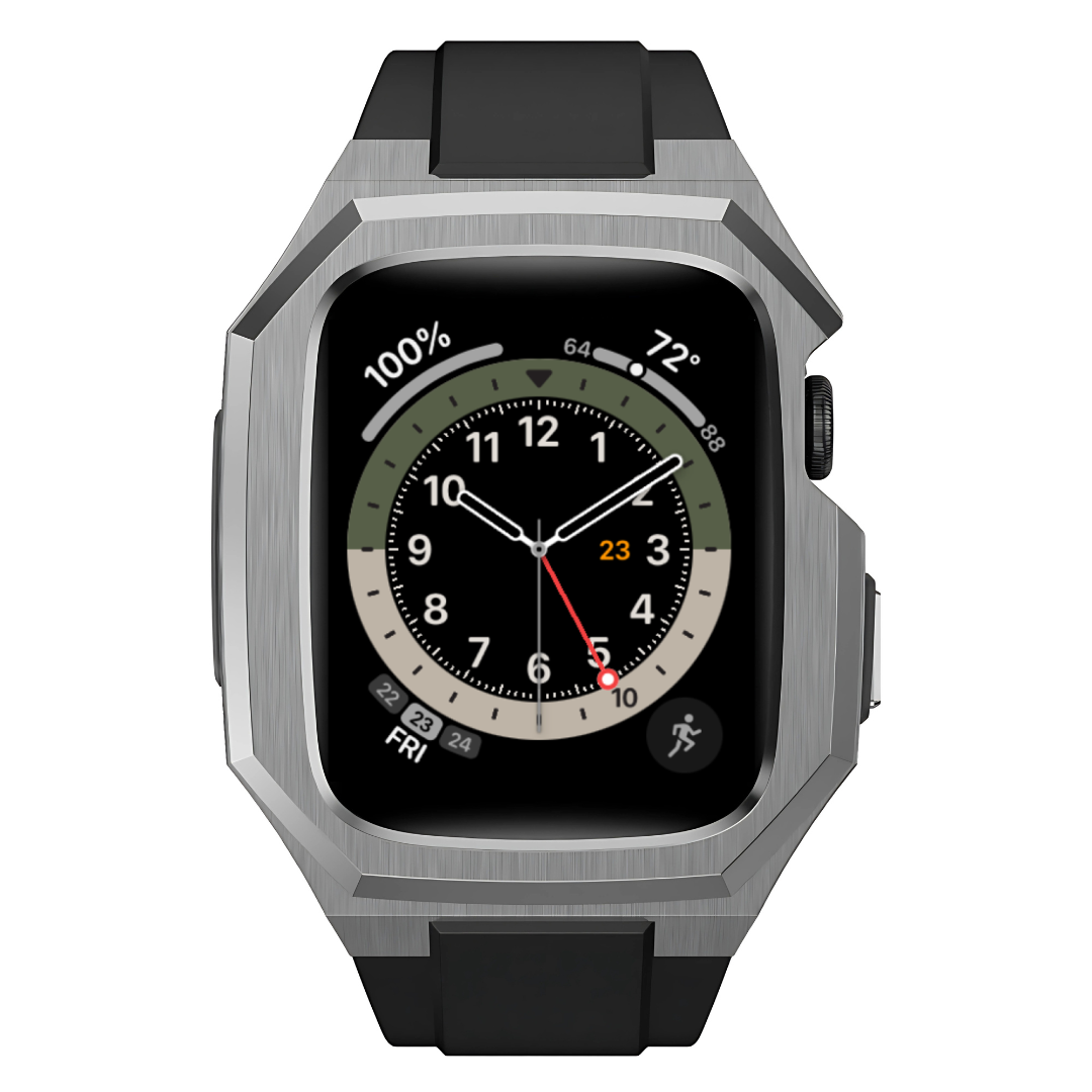 Smartwatch with a black strap and metallic case on a white background