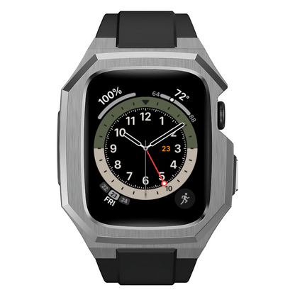 Smartwatch with a black strap and metallic case on a white background