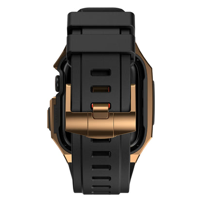 Back of a black and bronze apple watch band on a white background