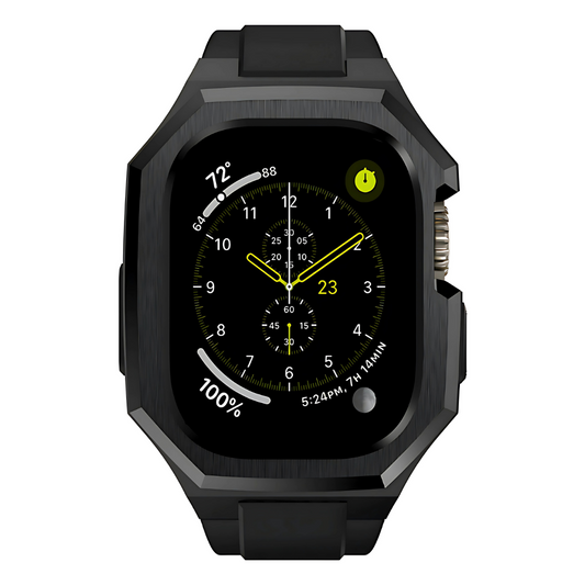 Black apple watch band and case with a detailed display on a white background