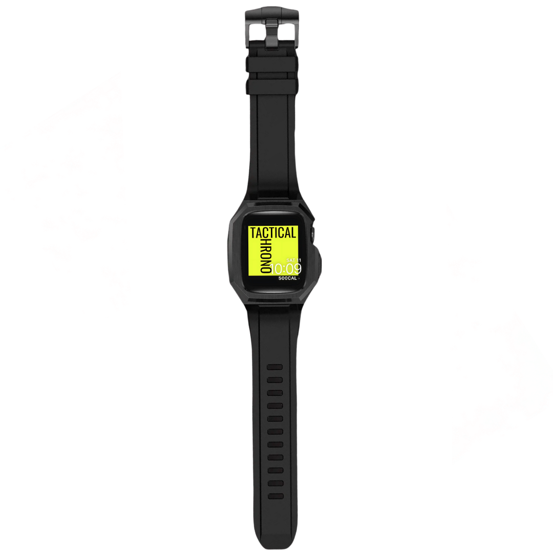 Black tactical smart watch with a "Tactical Chrono" display on a white background