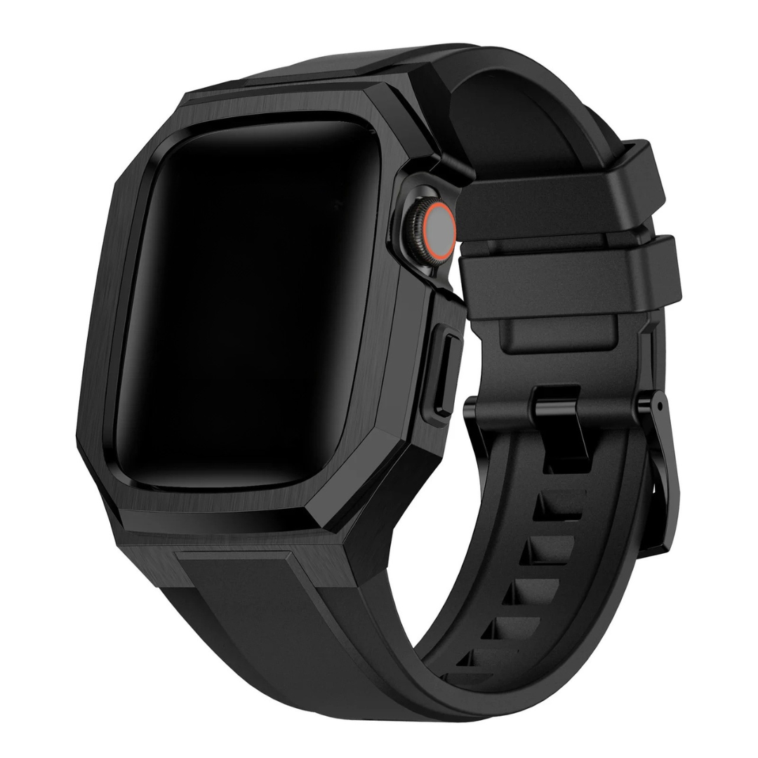 Black apple watch protective case with strap on a white background