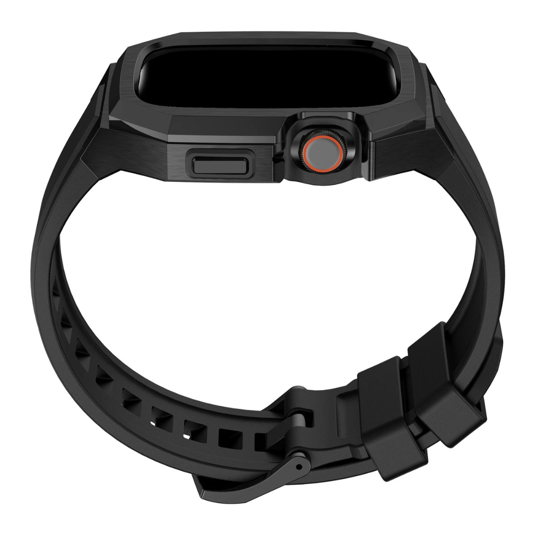 Black rugged apple watch protective band on a white background
