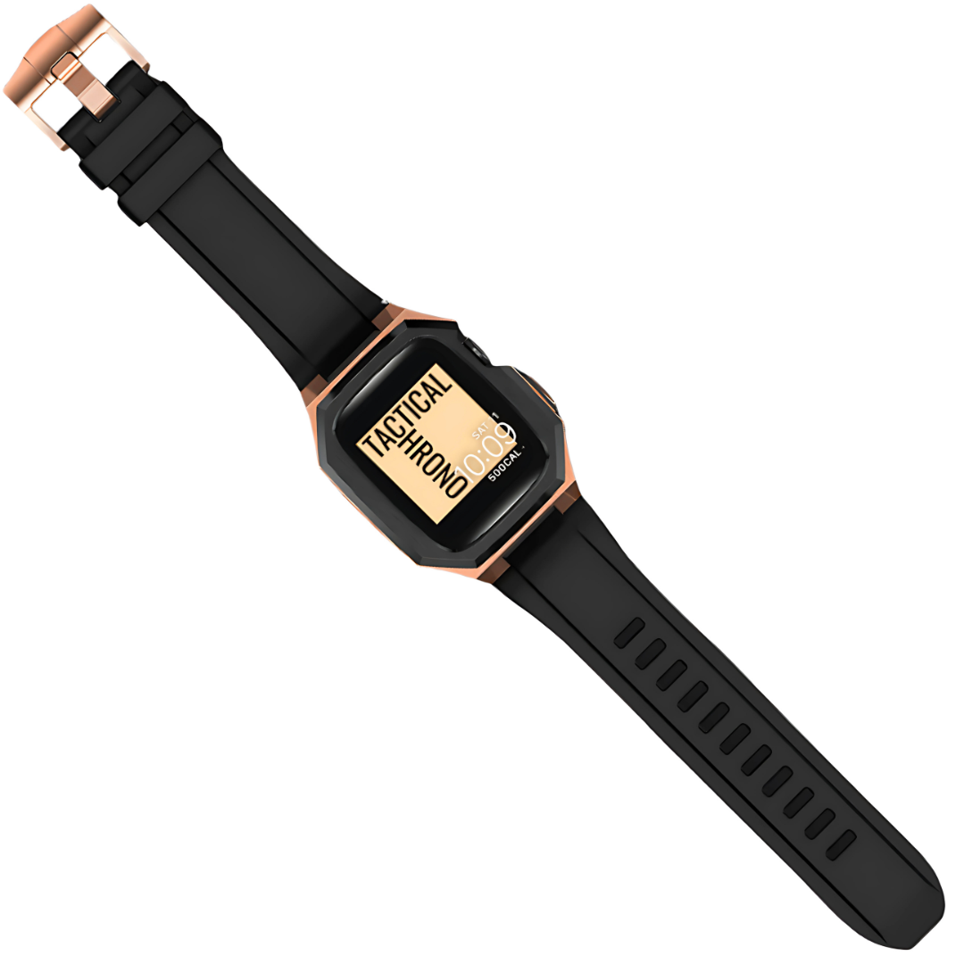 Black and bronze apple watch protective case and band on a white background