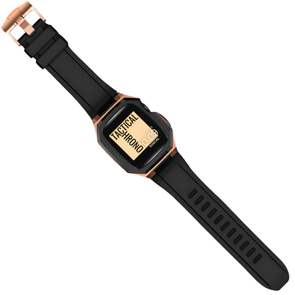 Black and bronze apple watch protective case and band on a white background