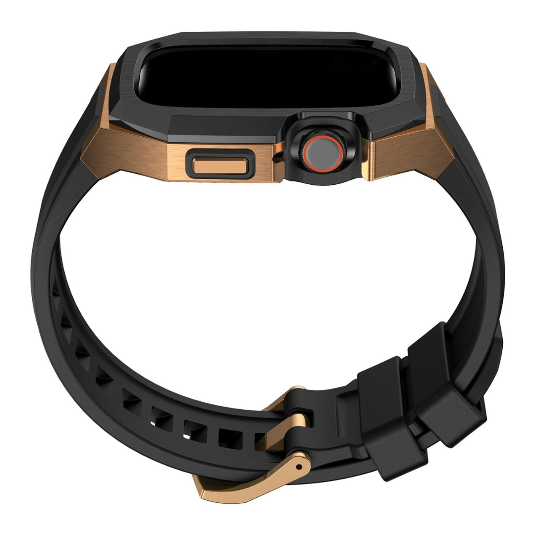 Black and bronze apple watch protective band on a white background