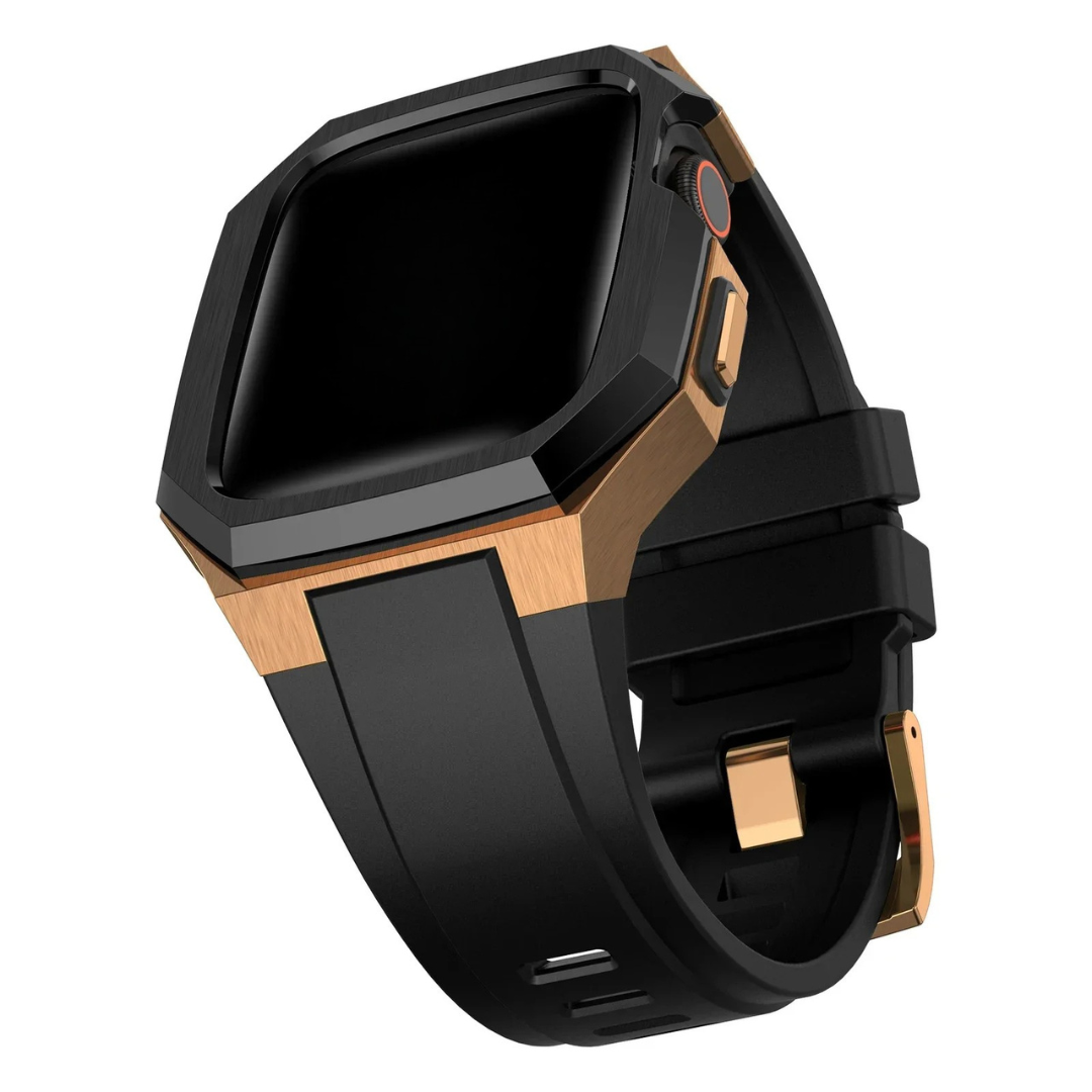 Black and bronze apple watch case on a white background