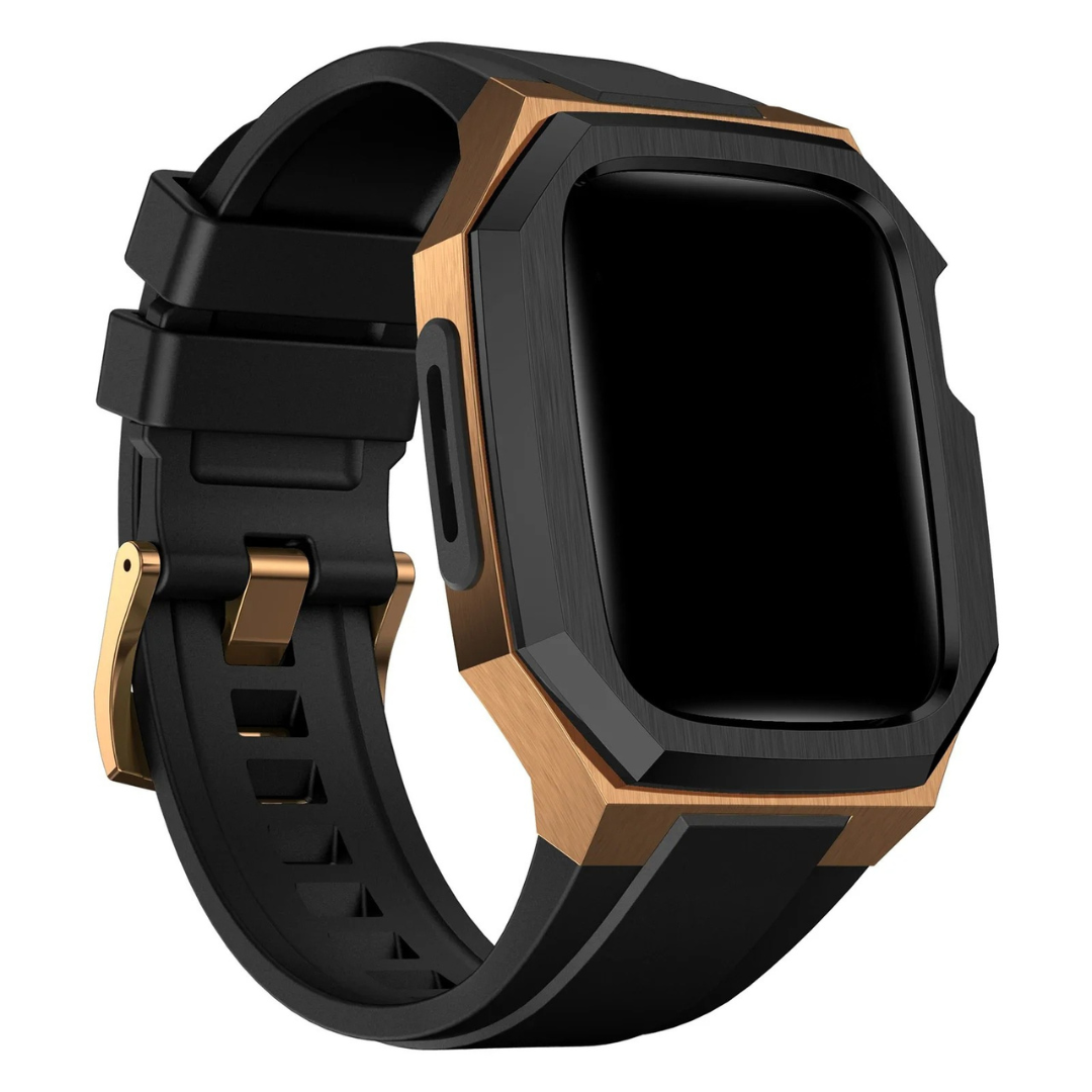 Black and bronze protective Apple watch band on a white background