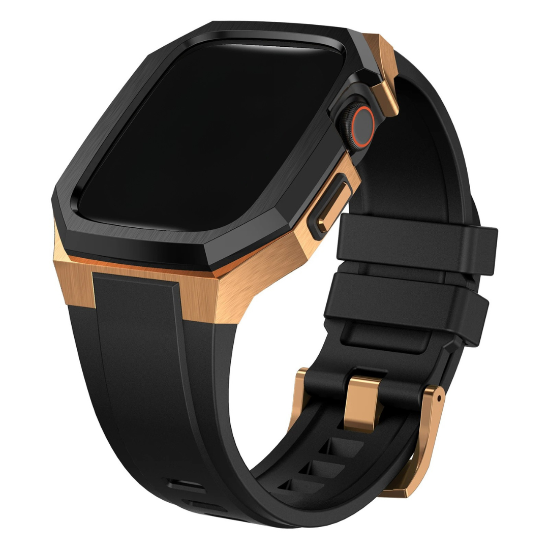Apple watch with black and bronze protective case & band on a white background