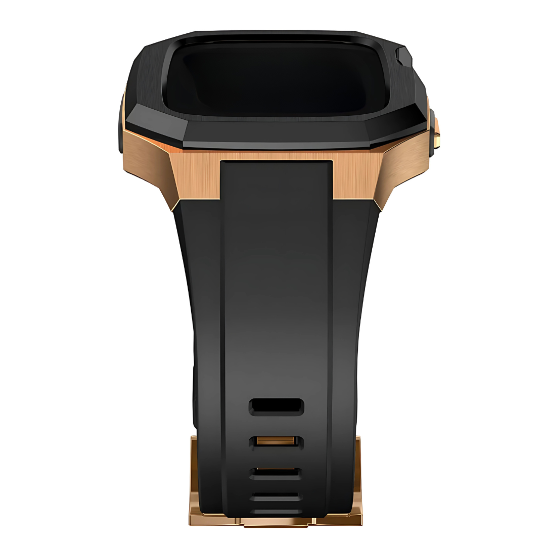 Black and bronze apple watch protective band on a white background