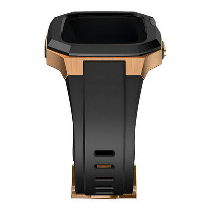 Black and bronze apple watch protective band on a white background