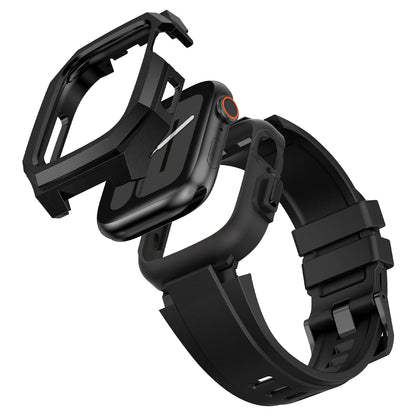 display of a black apple watch protective band components breakdown