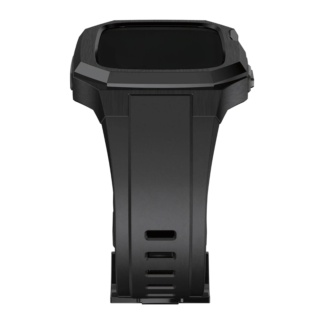 Black apple watch protective case on a white background