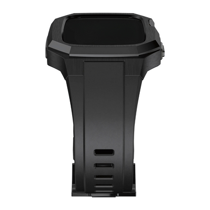Black apple watch protective case on a white background