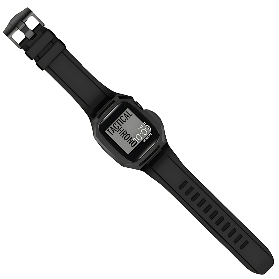 apple watch in a black protective case and band a strap on a white background