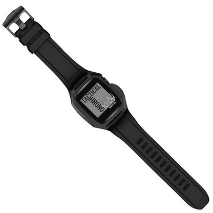 apple watch in a black protective case and band a strap on a white background