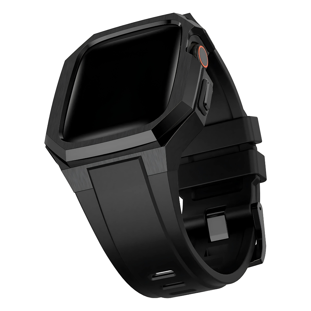 Black smartwatch case on a white background