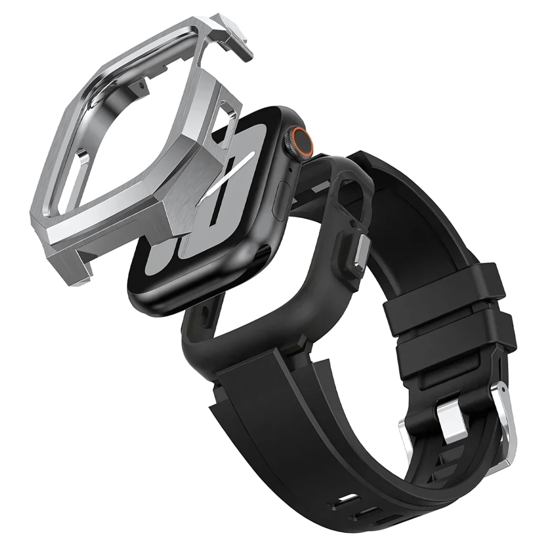 Black and silver watch cases on a white background
