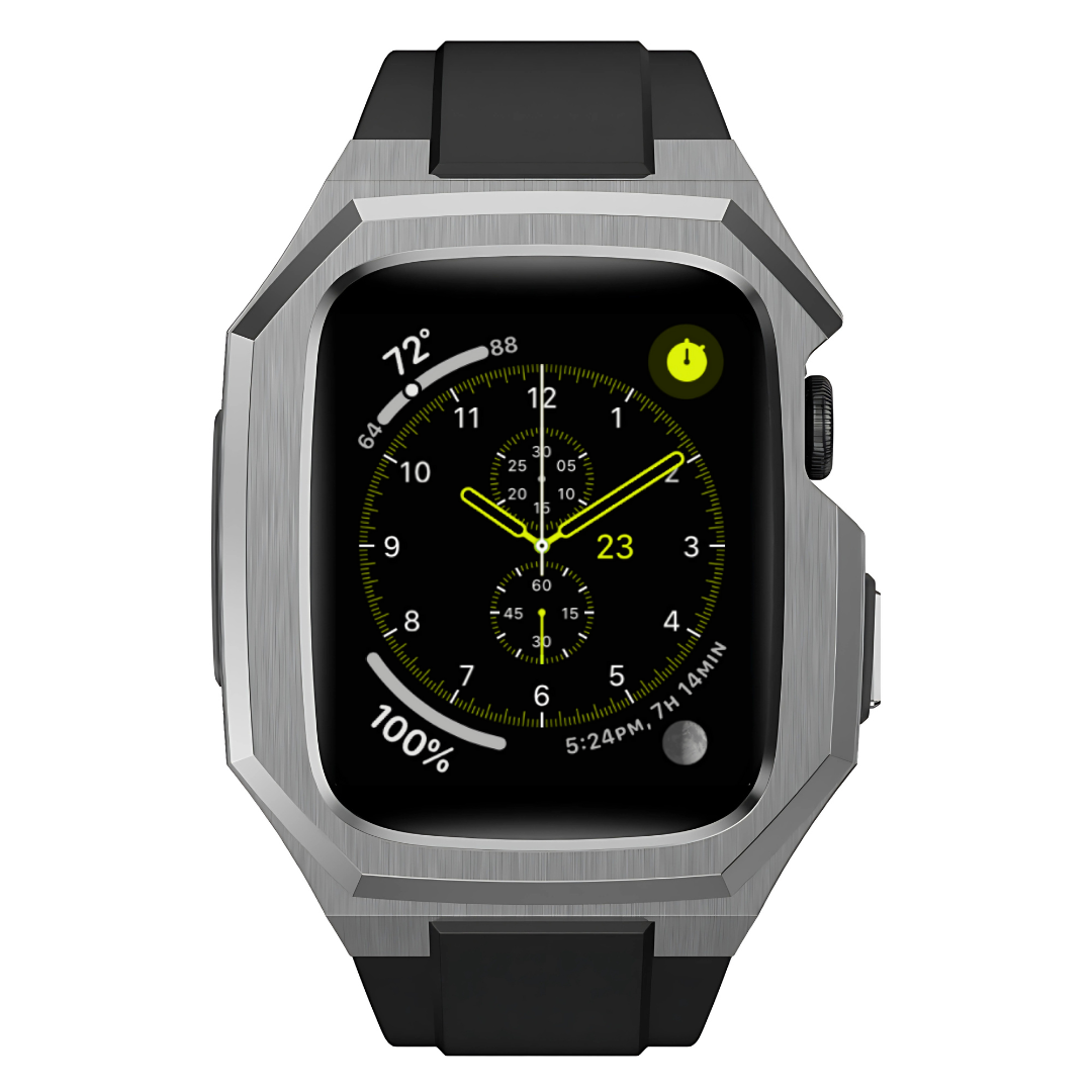 Smartwatch with a black strap and metallic case on a white background