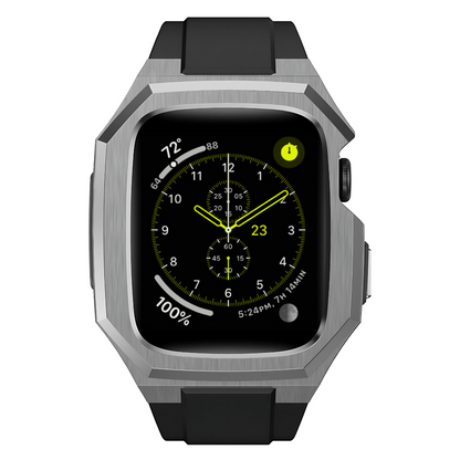 Smartwatch with a black strap and metallic case on a white background
