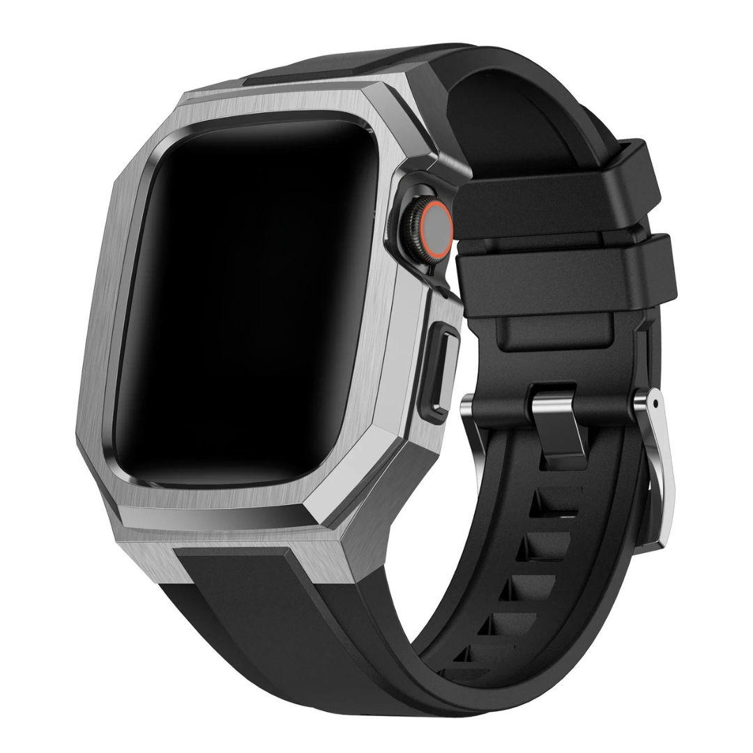 Black and silver apple watch protective case on a white background