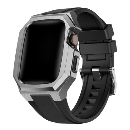 Black and silver apple watch protective case on a white background