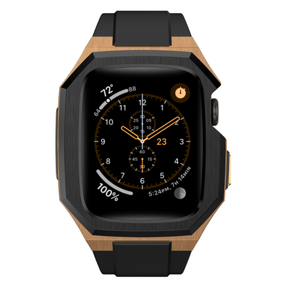Smartwatch with a black and bronze casing on a white background