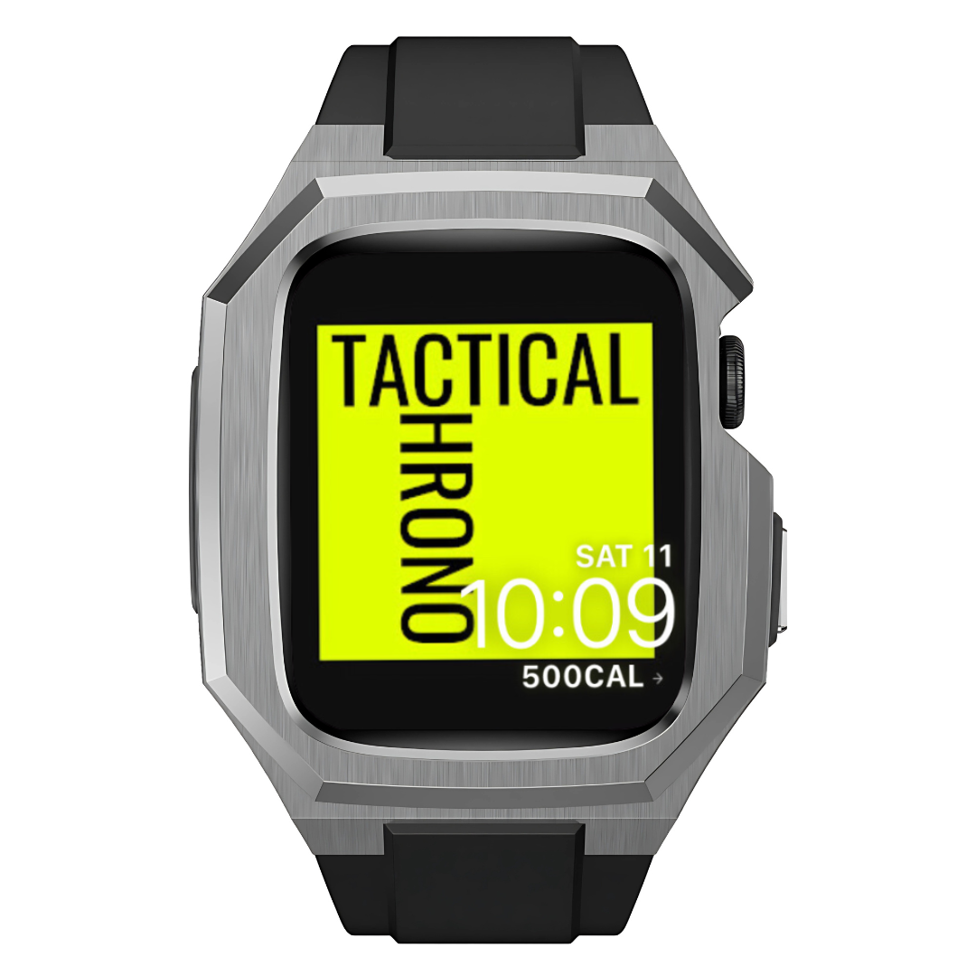 Apple watch in a tactical band with 'Tactical Chrono' display on a white background