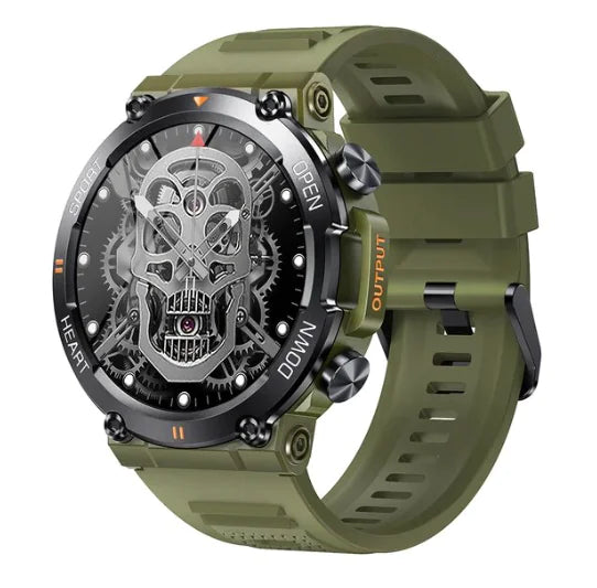 army green rugged sports smartwatch with skull displayed on screen 