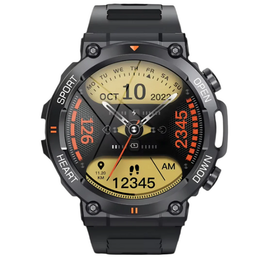 black rugged sports watch, with different metrics displayed on the screen, on a white background