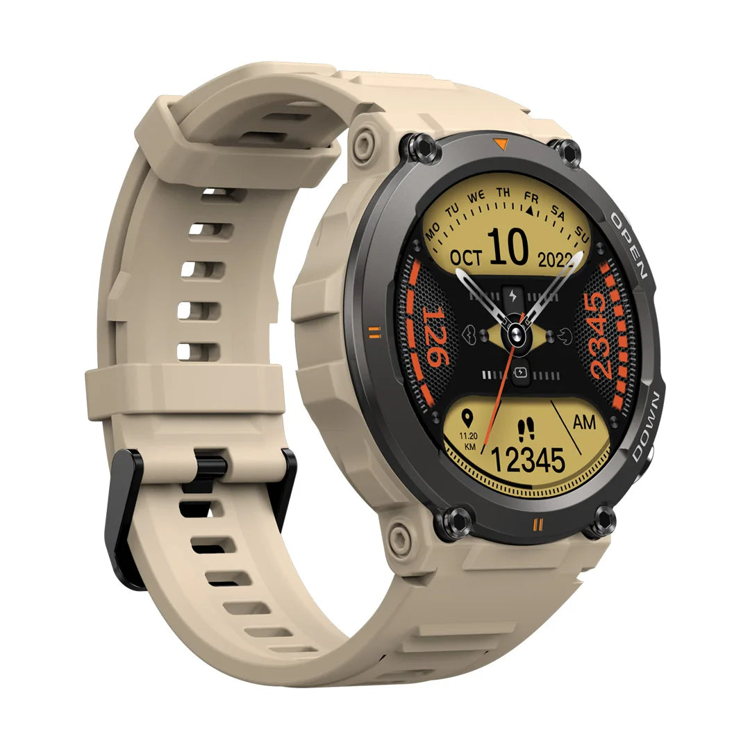 Khaki color rugged sports smartwatch on a white background