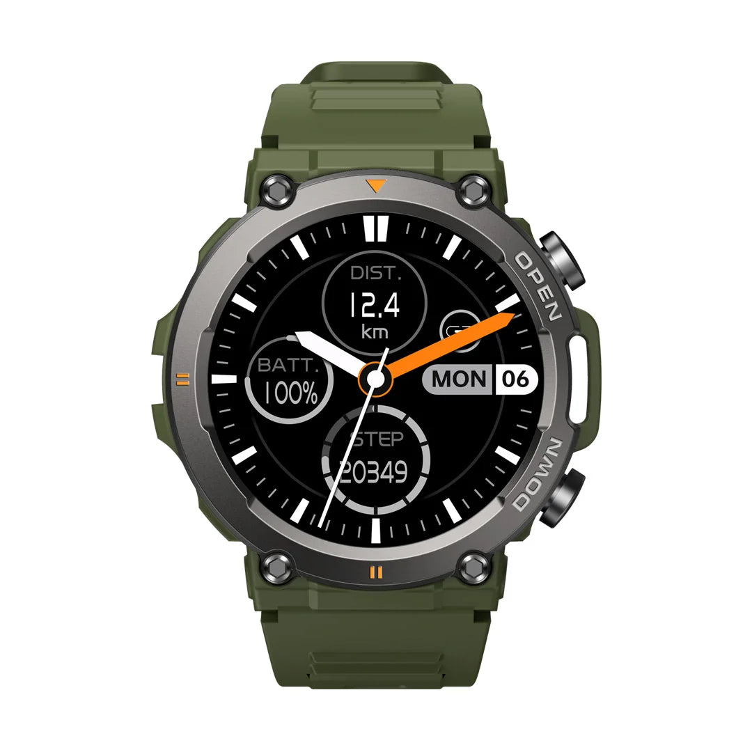 rugged outdoor army green color smartwatch, display showing clock, distance, battery and steps