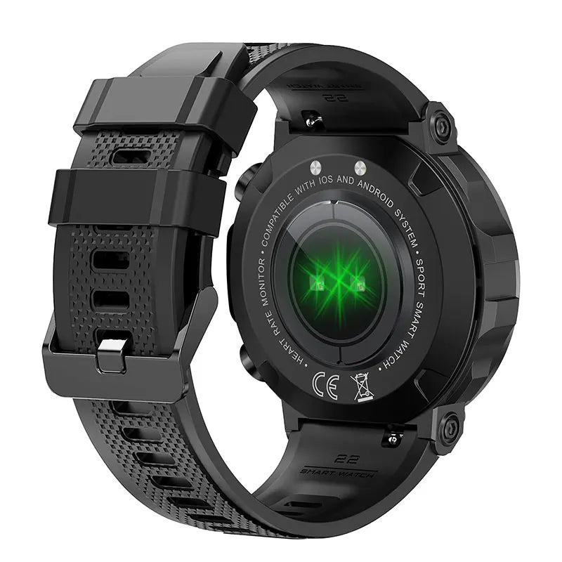 rugged black sports smartwatch, displaying the back of the watch and the sensors