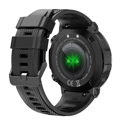 rugged black sports smartwatch, displaying the back of the watch and the sensors