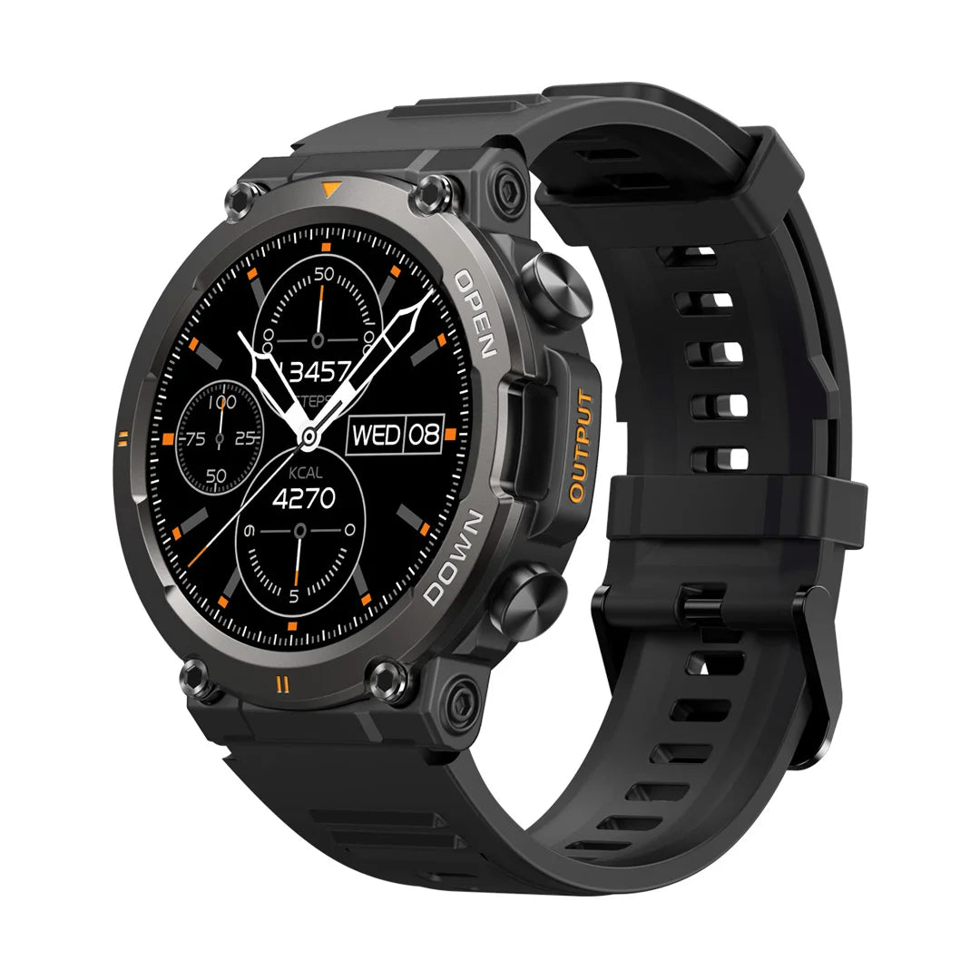 black rugged sports smartwatch with black and orange screen display on a white background