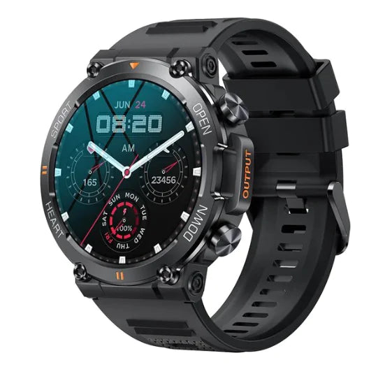 black rugged sports smartwatch on a white background