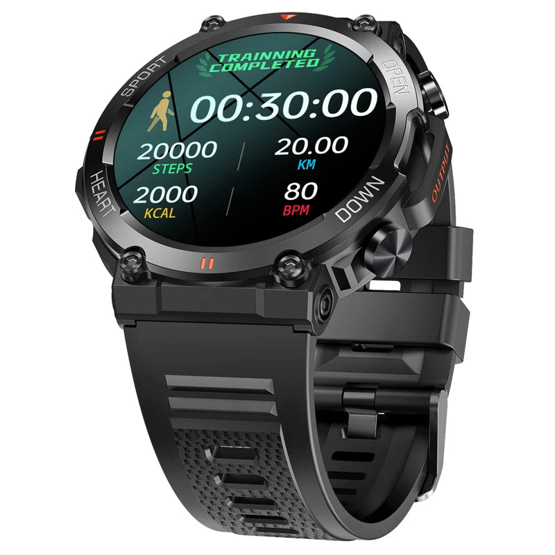 black rugged watch in sport mode displaying time, steps, distance, Kcal and heart rate, on a white background