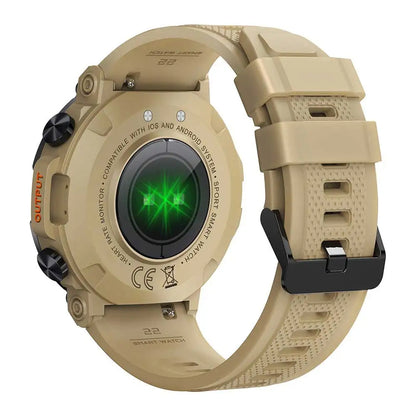 back side of khaki rugged sports smartwatch on a white background
