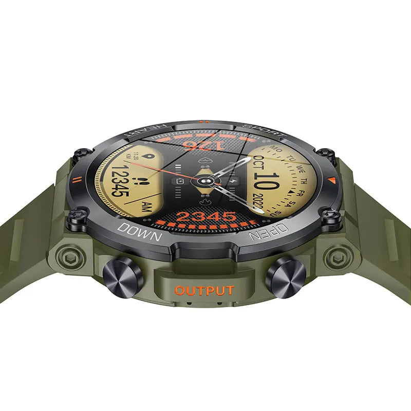 laid down rugged smartwatch, highlighting the screen and case