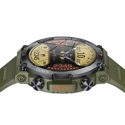 laid down rugged smartwatch, highlighting the screen and case