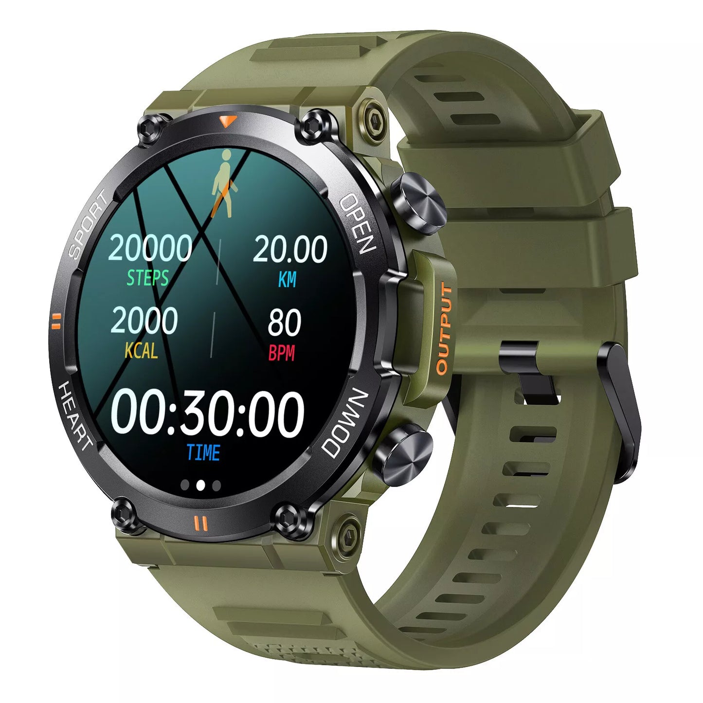 rugged sports army green smartwatch in sport mode