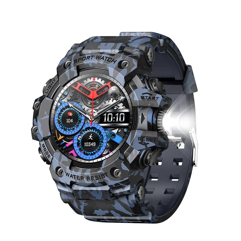Camouflage-patterned smartwatch with a detailed face on a white background
