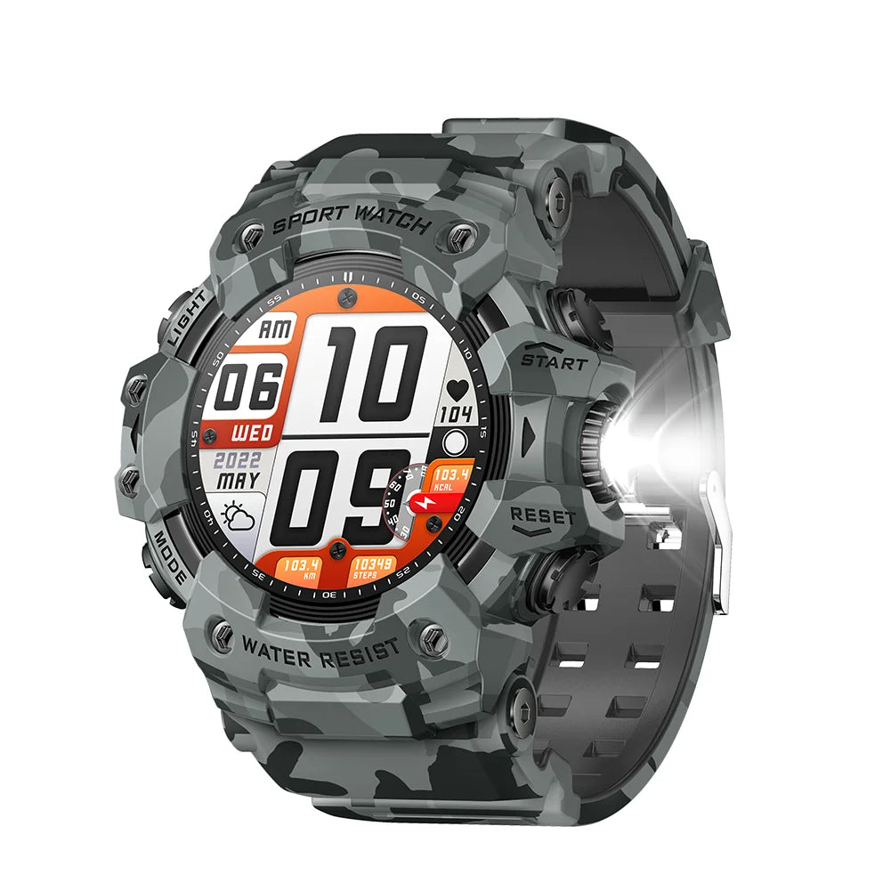 Camouflage-patterned smartwatch with digital display on a white background