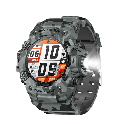 Camouflage-patterned smartwatch with digital display on a white background