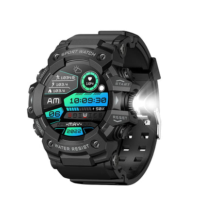 Black digital smartwatch with various display options on a white background