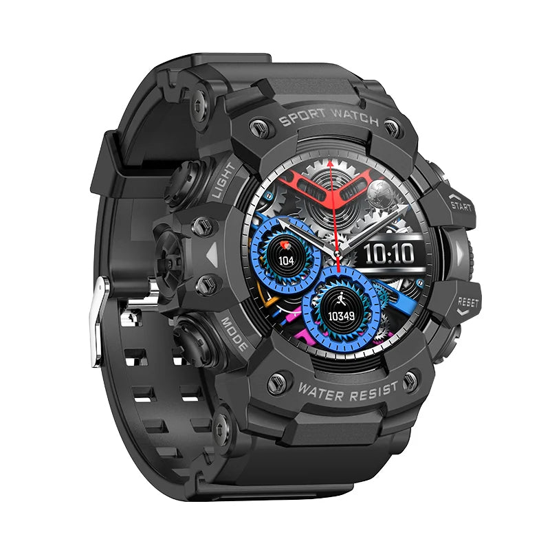 Black smartwatch with detailed display on a white background